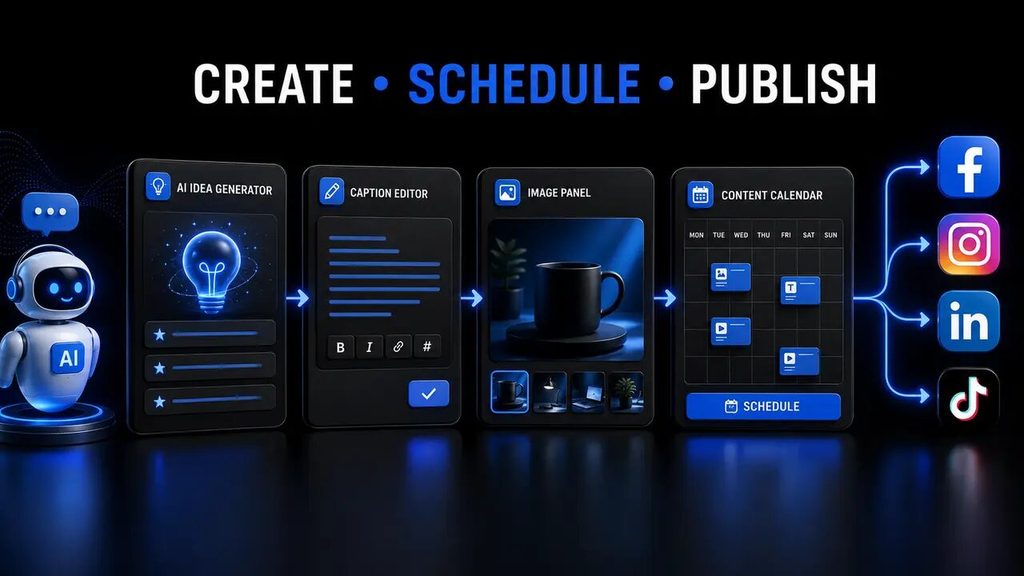 AI workflow creating, scheduling and publishing social media content