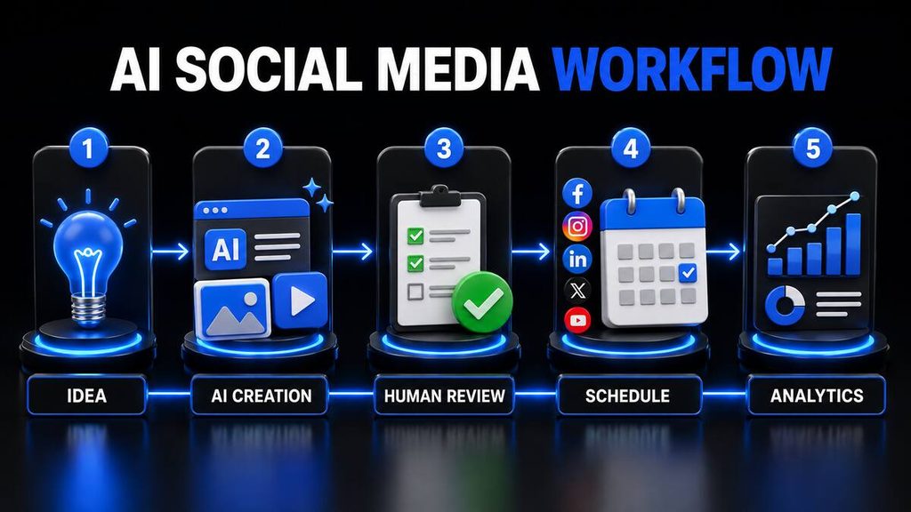 AI social media workflow from content idea and creation to human review, scheduling and analytics