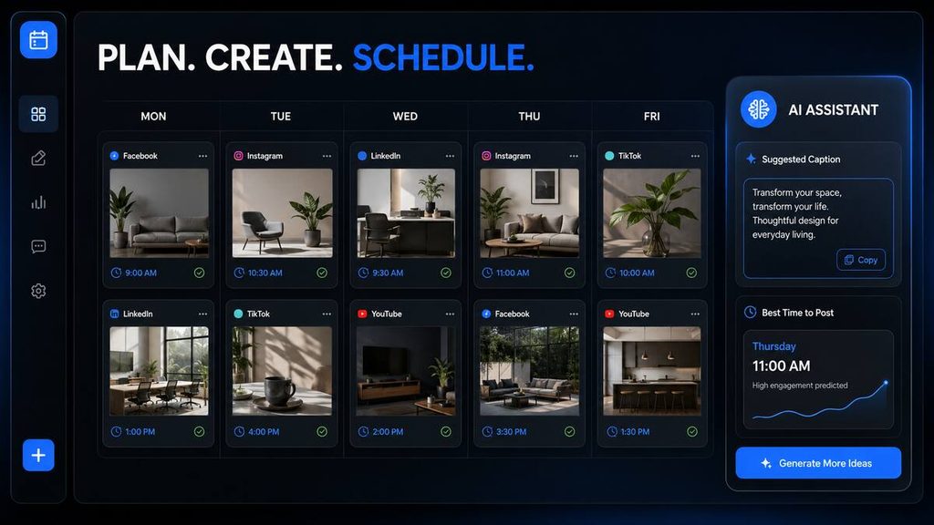 AI social media scheduling calendar for Facebook, Instagram, TikTok, LinkedIn and YouTube