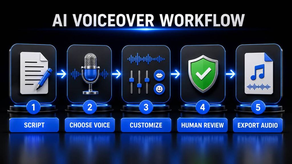 AI voiceover workflow from script and voice selection to human review and audio export