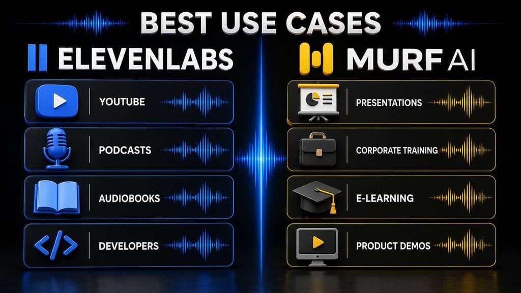 ElevenLabs recommended for YouTube, podcasts, audiobooks and developers while Murf AI suits presentations and training