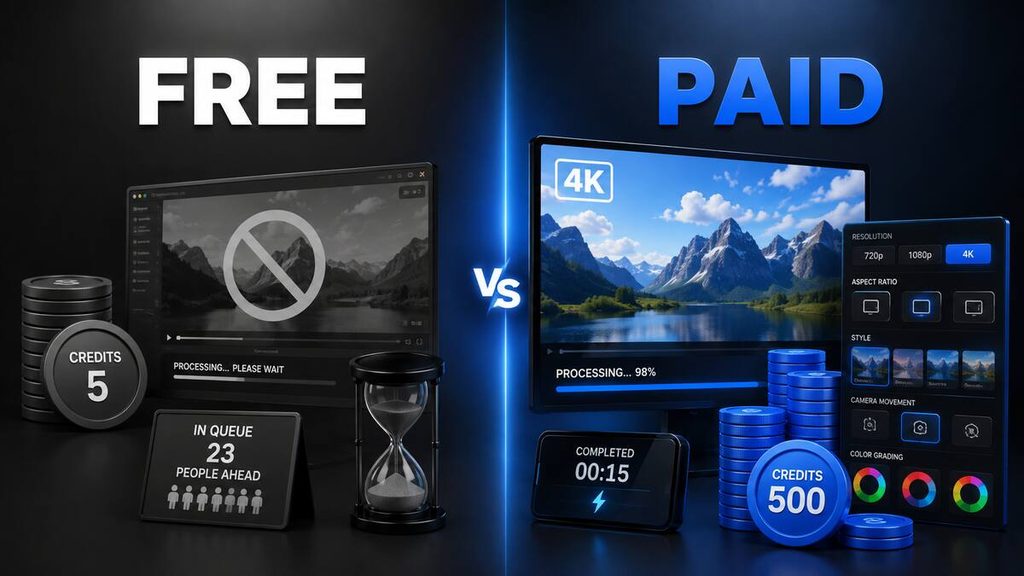 Free versus paid AI video generators compared by credits, speed, resolution and creative controls