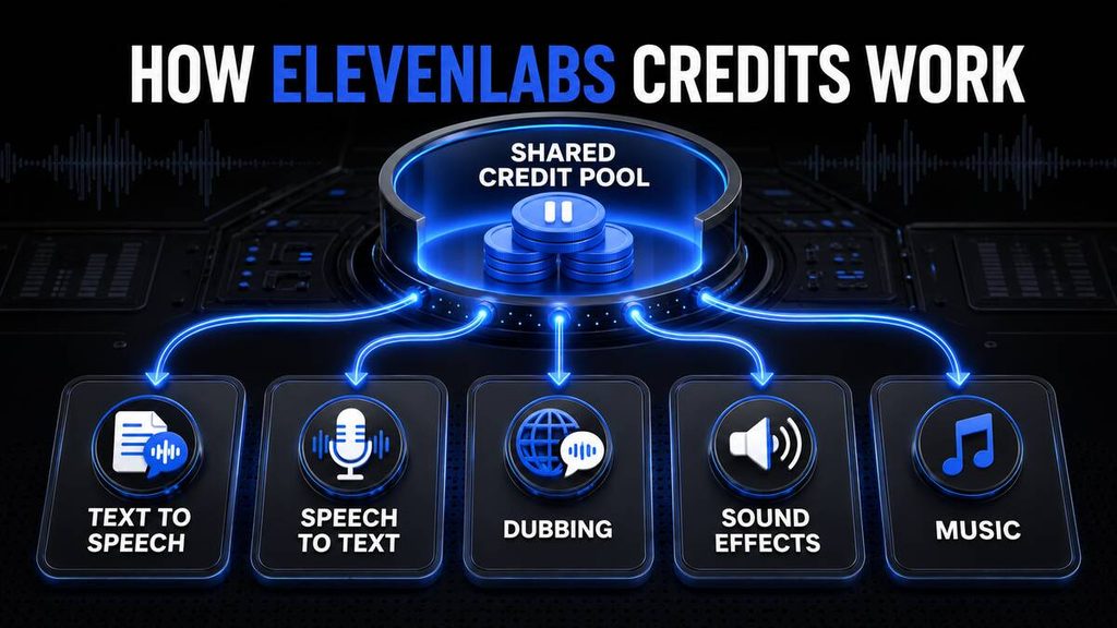 ElevenLabs shared credit pool used for text to speech, speech to text, dubbing, sound effects and music