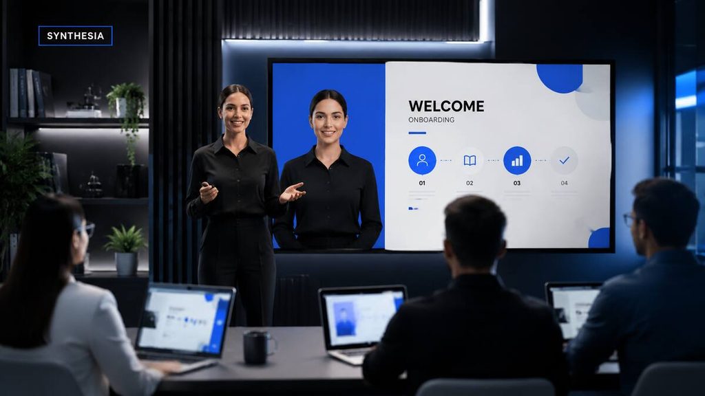 Synthesia AI presenters delivering a corporate employee onboarding video